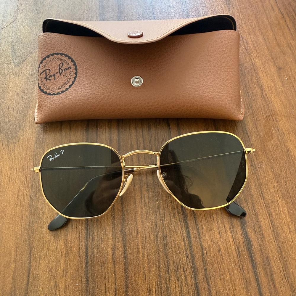 Polarized Ray-Ban Gold Hexagonal Sunglasses with Case - NEW NEVER WORN